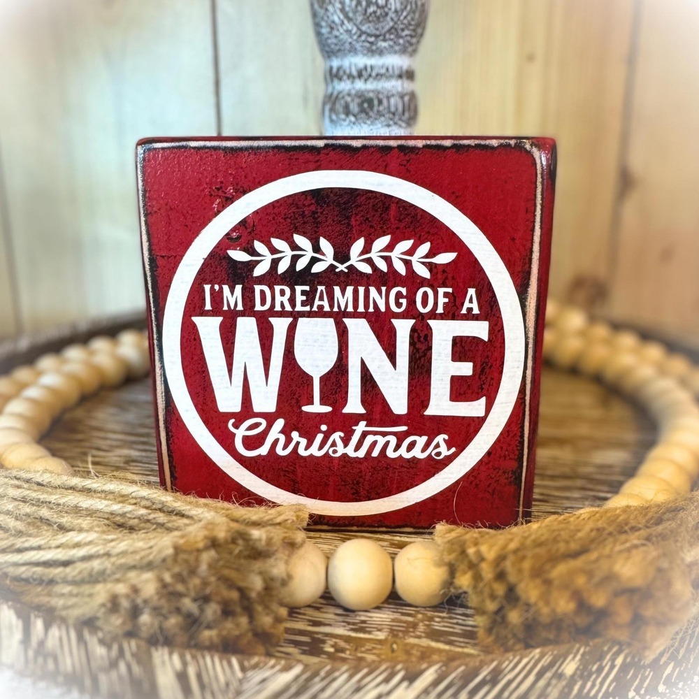 Basket Case Designs Red Wine Christmas Wood Block Sign Rustic Holiday Decor 4x4‎